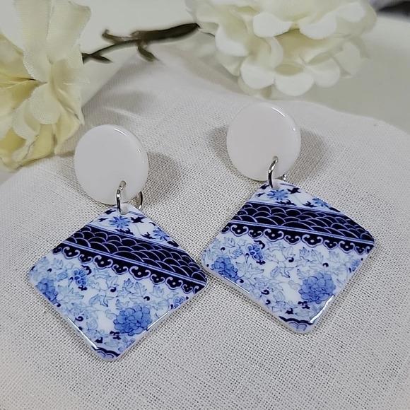 Delft Pottery Style Drop Earrings, S925 - Picture 3 of 7